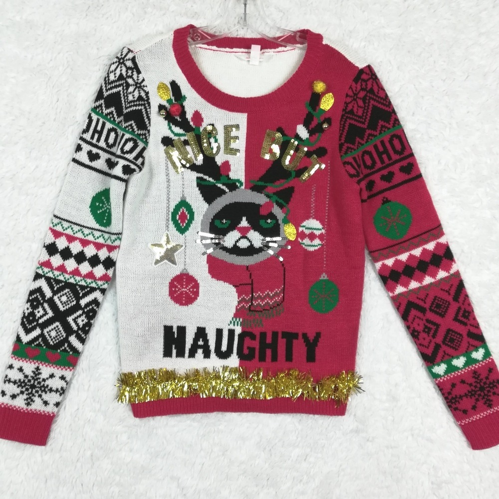 No Boundaries Womens Ugly Sweater Christmas Cat "Nice But Naughty" Knit S